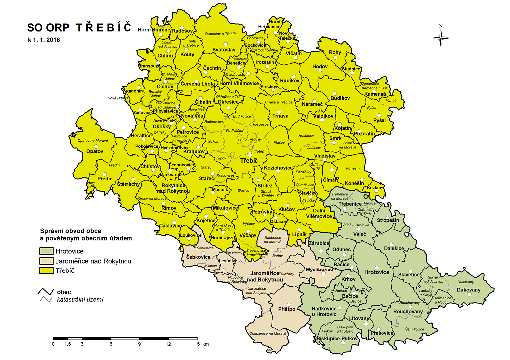 Správní obvody obcí a obcí s pověřeným úřadem na území ORP Třebíč Zdroj: Český statistický úřad 